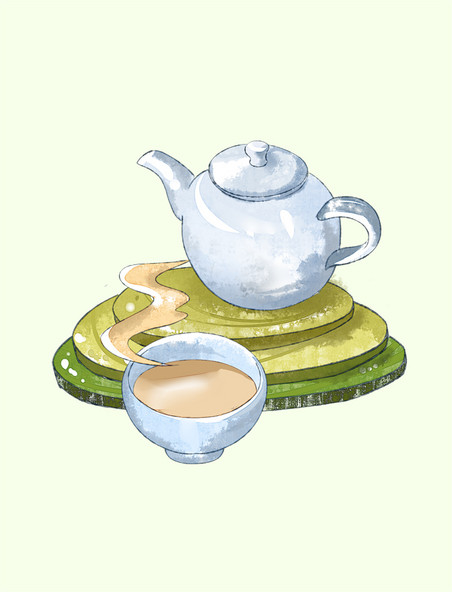 茶壶茶山插画元素喝茶春茶