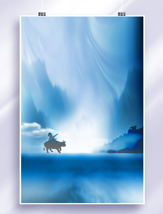 中国风清明节牧童蓝色渐变背景