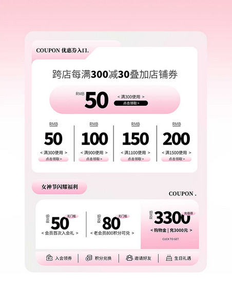 妇女节女王节粉色福利电商促销优惠券模板设计