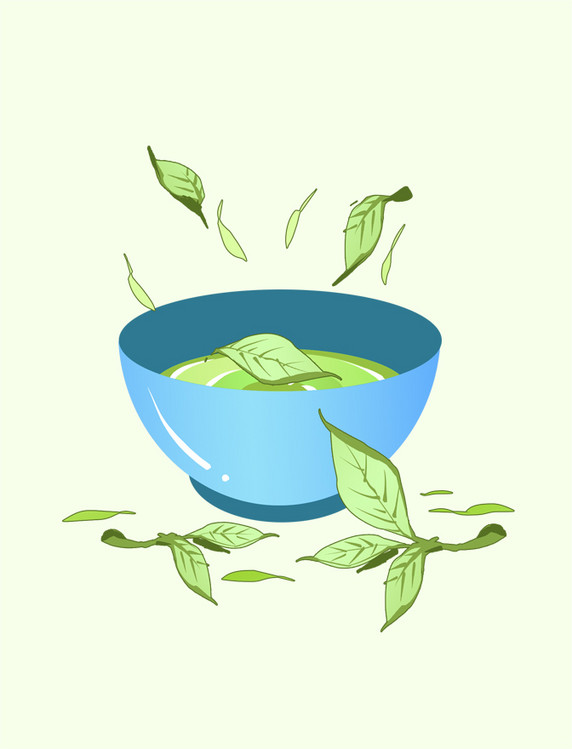 蓝色茶杯绿茶插画元素