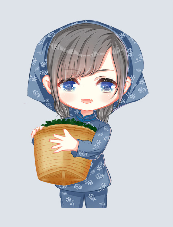 手绘卡通Q版萌系采茶女人物