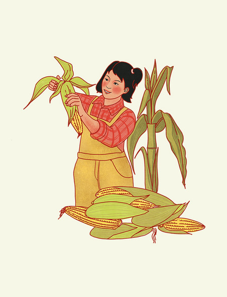 手绘五一劳动节掰玉米