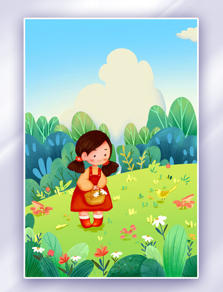 卡通可爱女孩在春暖花开的季节出行游玩背景