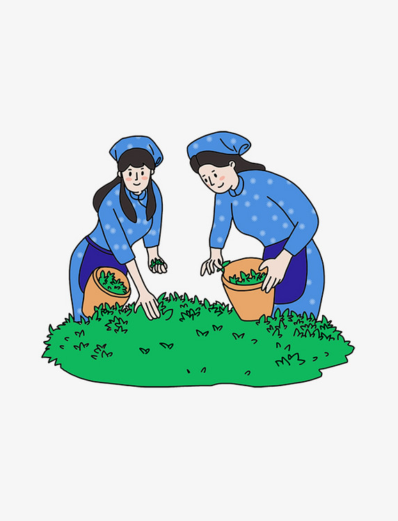 创意手绘茶园劳动的采茶女人物农民