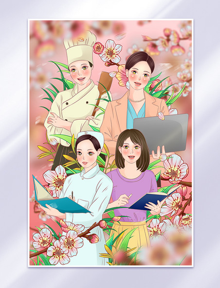 手绘风格三八妇女节节日人物插画