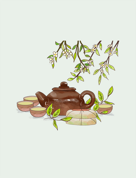 中国风茶叶春茶茶壶品茶喝茶手绘元素