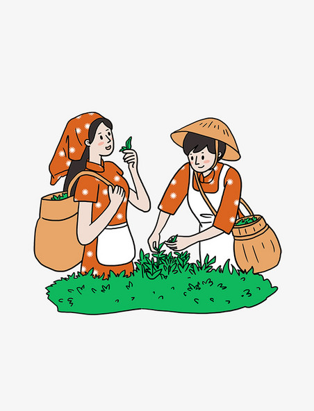 创意手绘茶园采绿茶的采茶女人物农民