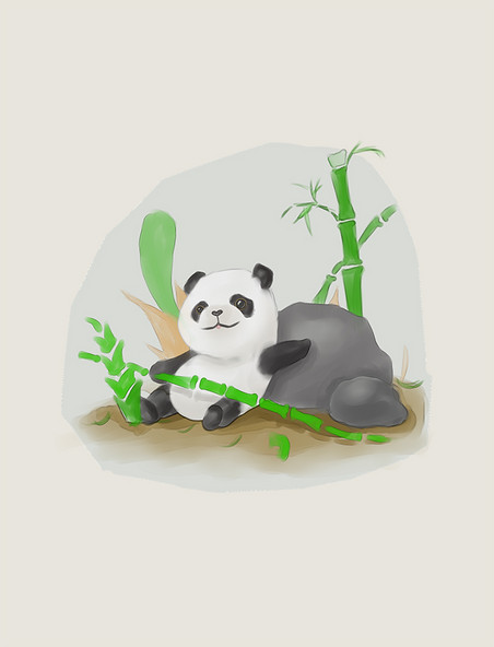 躺在石头上抱着竹子的大熊猫卡通元素国宝