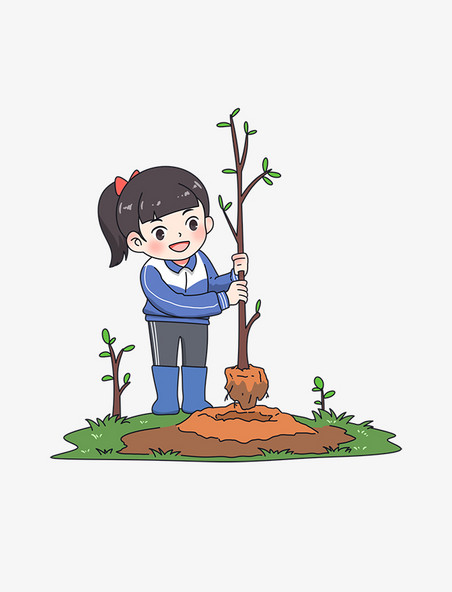 卡通漫画风植树种树女孩植树节种树