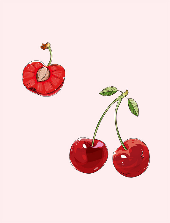 整颗樱桃带叶子手绘元素
