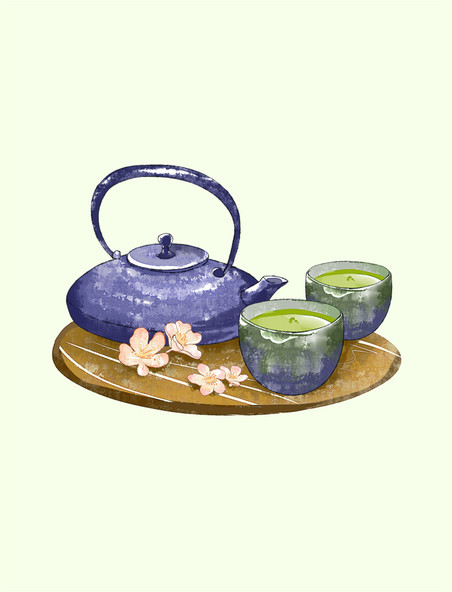 茶壶茶杯茶叶水彩元素