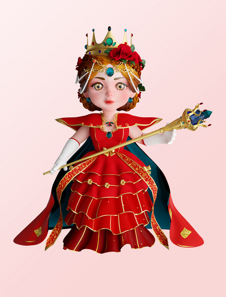 3D立体38妇女节女王人物IP红色礼服