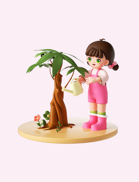 植树节3D立体可爱女孩儿童人物植树形象