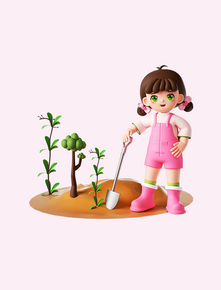 3D植树节立体可爱女孩儿童人物植树形象
