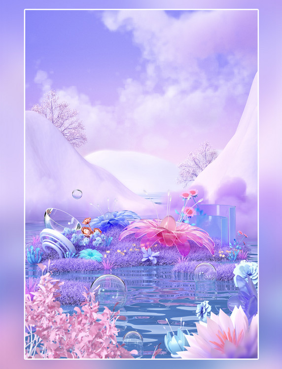 3D立体C4D紫色清新梦幻花朵毛绒草地植物场景
