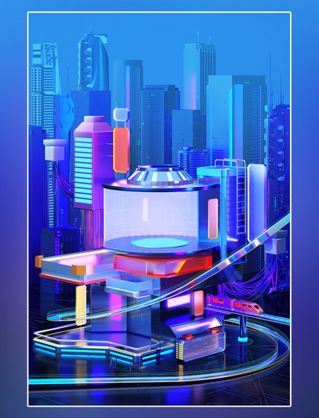 C4D立体霓虹城市建筑科技科幻风3D场景