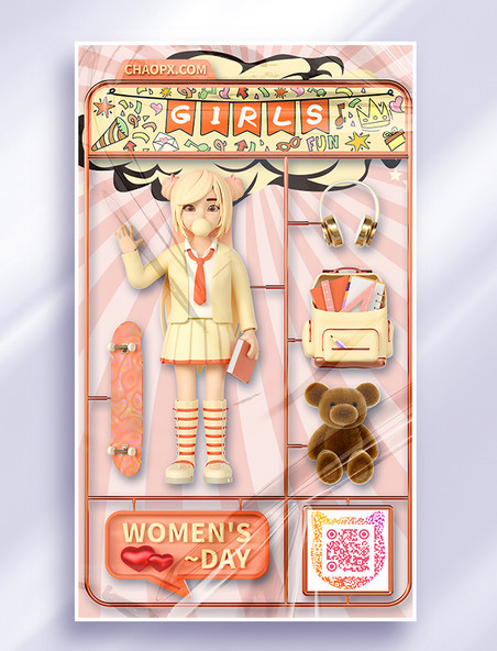 3D立体38三八妇女节女孩学生粉色红色漫画可爱玩具