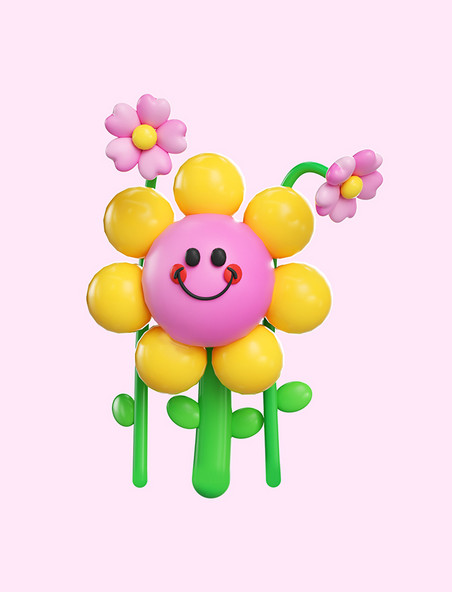 3D立体C4D春天春季花卉花朵气球花拟人表情