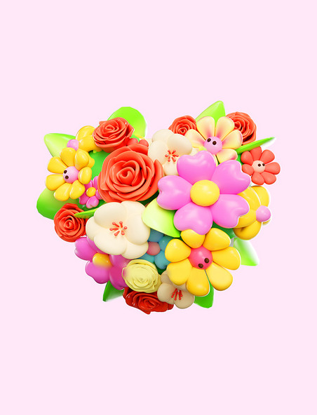 3D立体C4D春天春季花卉花朵气球花捧花爱心花束