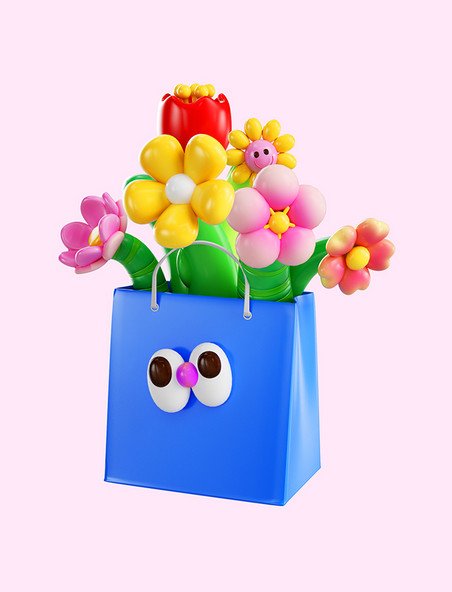 3D立体C4D春天春季花卉花朵气球花捧花爱心花束手提袋花花