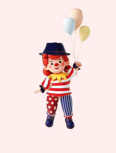 3D立体C4D愚人节搞怪小丑人物拿气球
