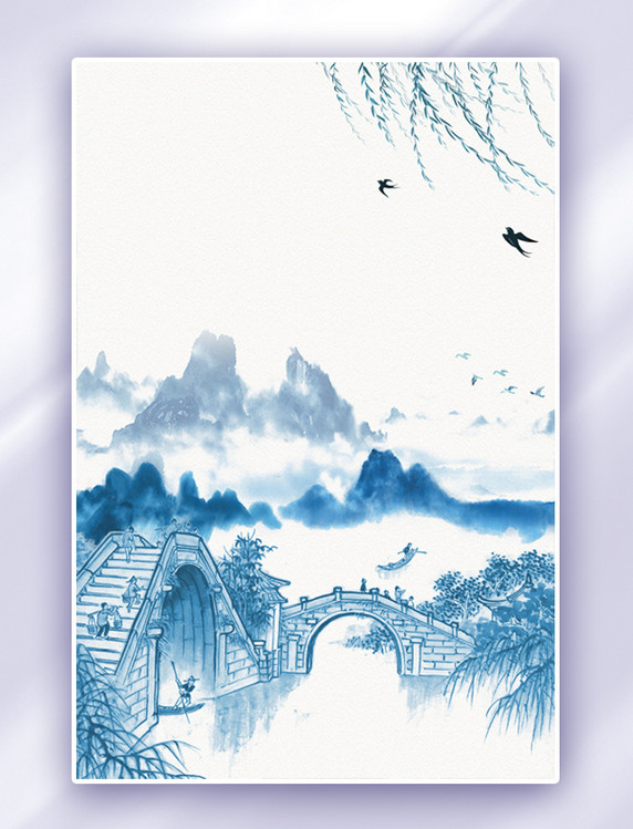 中国风大气江南水乡石桥远山水墨背景