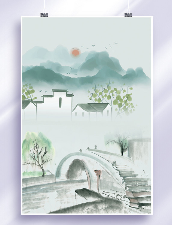 中国风春天江南水墨画海报背景