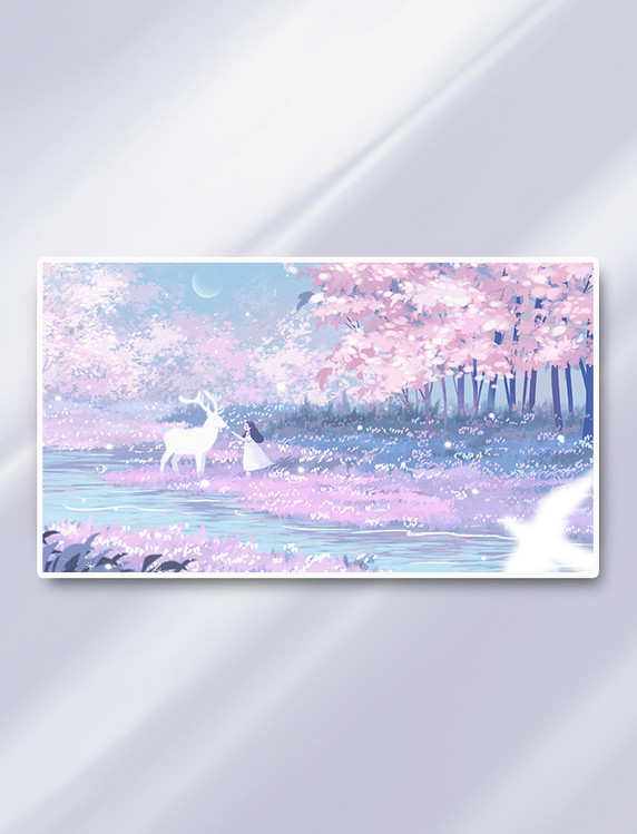 梦幻樱花粉色小鹿女孩唯美横版插画