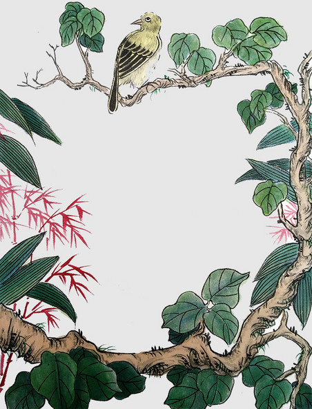 水墨枝头花鸟中国风边框国画手绘植物