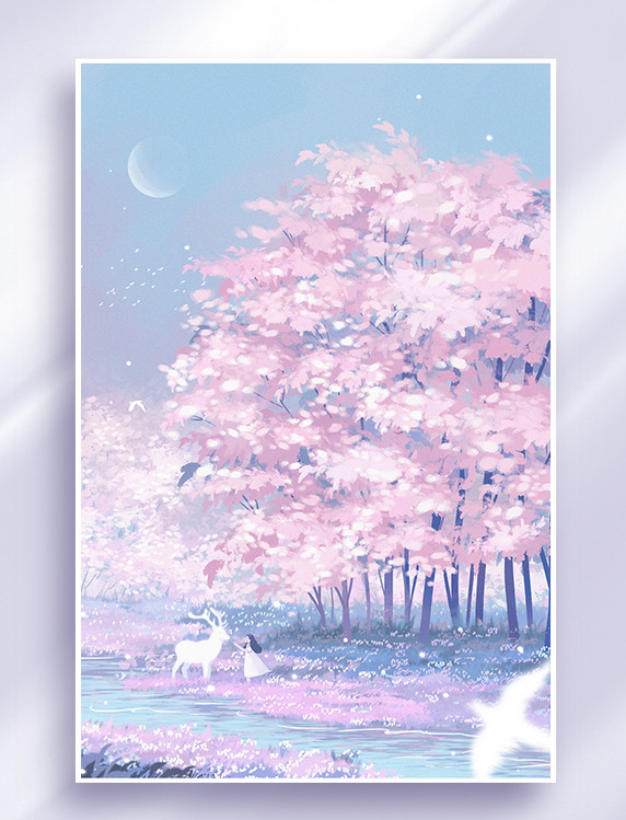 梦幻樱花粉色小鹿女孩唯美竖版插画