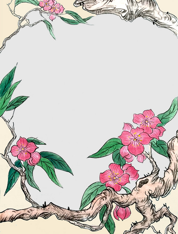 水墨桃花花鸟装饰边框国画手绘植物