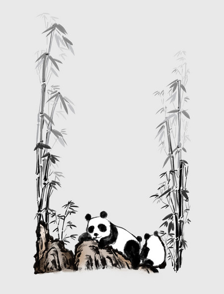 动物大熊猫水墨边框中国风国画