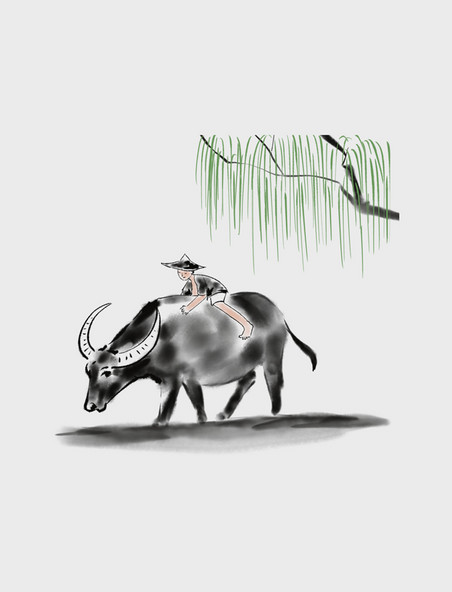 中国风水墨画放牛的牧童少年清明节清明