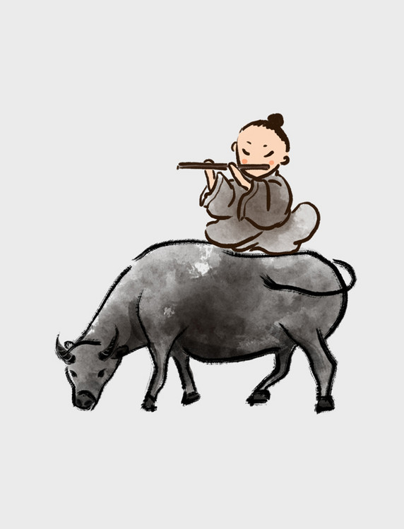 水墨风清明水牛牧童吹笛骑牛手绘清明节清明