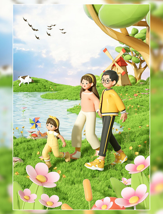 春天3D立体一家人旅游出行踏青C4D场景海报