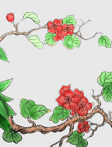 水墨国画春天清明红花边框国画手绘植物