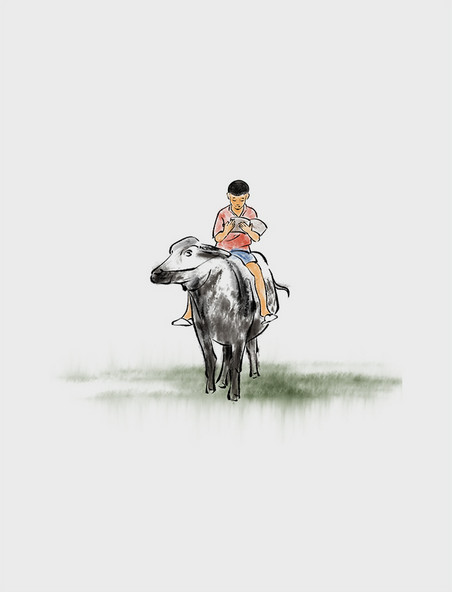 清明清明节中国风水墨画放牛的牧童元素