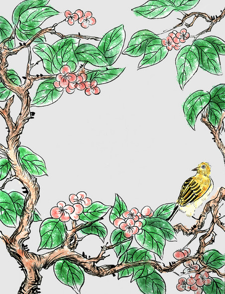水墨花鸟春天清明装饰边框国画手绘植物