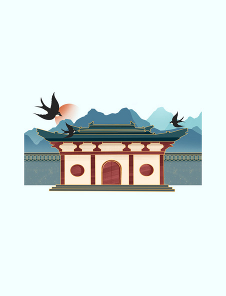 清明节青色清明风景元素古代建筑国潮中国风