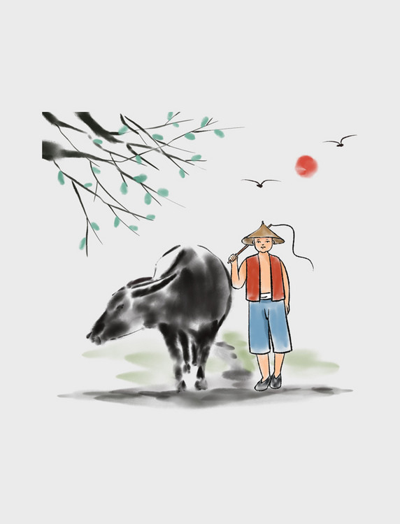 水墨画放牛的牧童中国风清明节清明