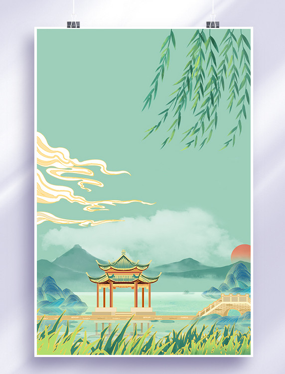 国潮春天插画绿色国潮手绘背景