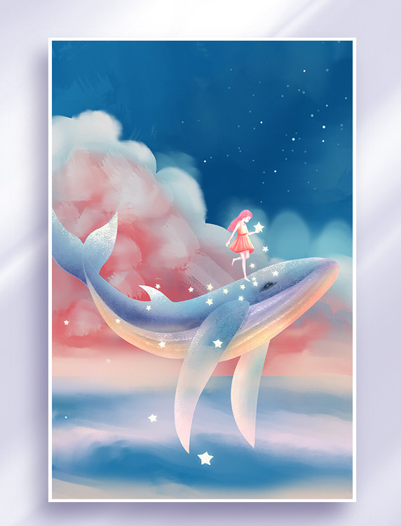 唯美天空鲸鱼与女孩竖版插画