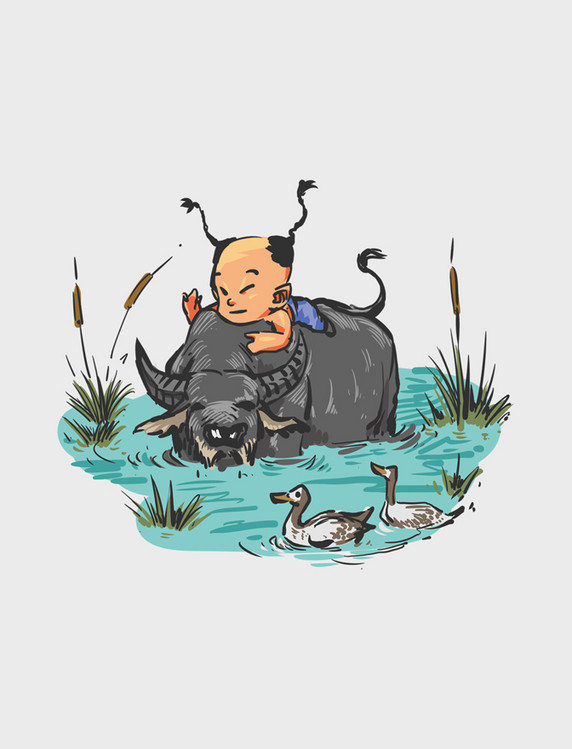 清明节小牧童过水塘水牛清明节清明