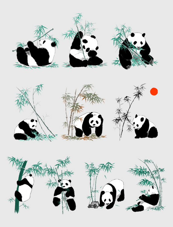 黑白水墨大熊猫动物套图