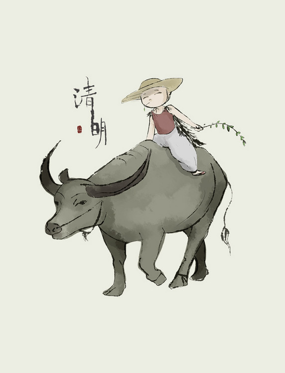 清明节气水墨牧童和牛清明
