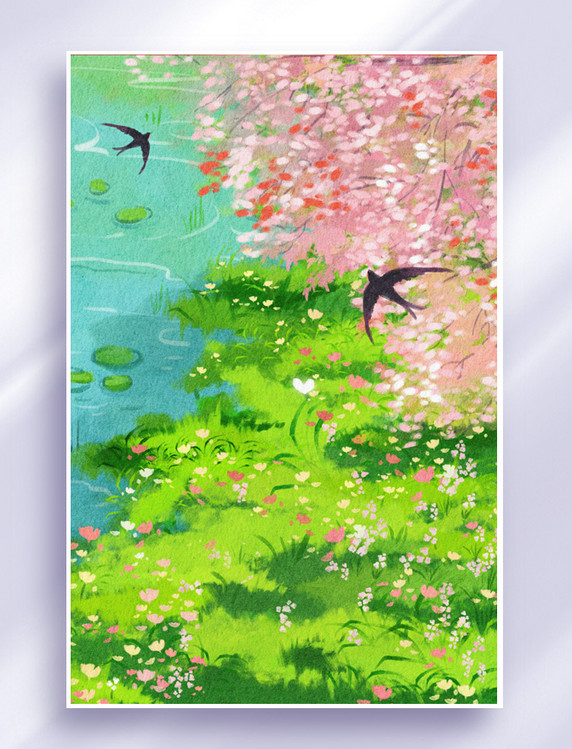 樱花春天唯美治愈古风花风景插画