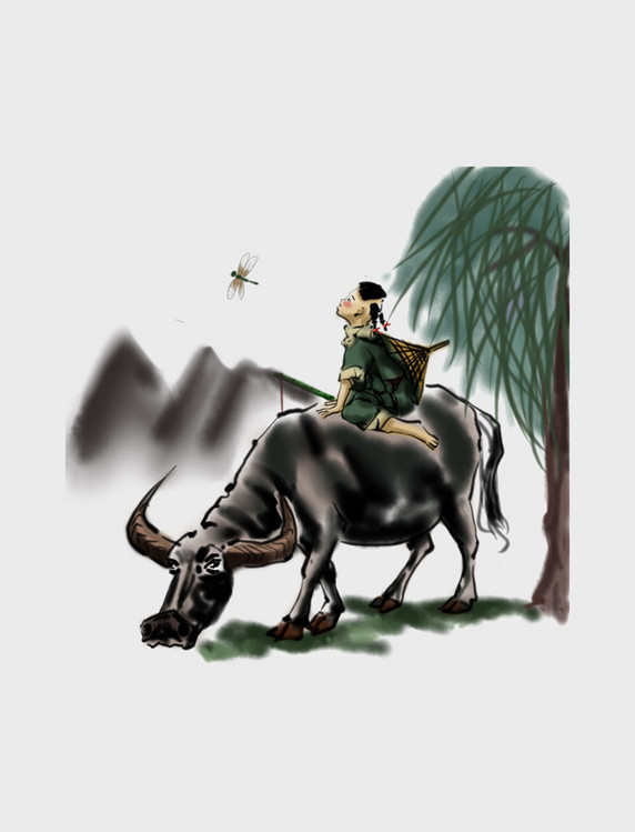 绿色水墨骑牛吹笛牧童插画PNG清明节清明