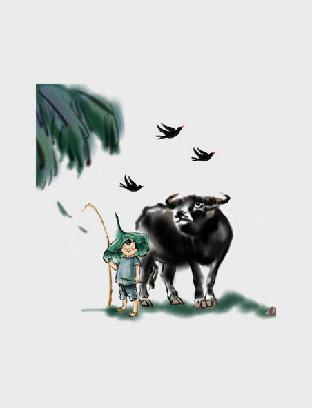 中国画水墨骑牛吹笛牧童插画PNG清明节清明