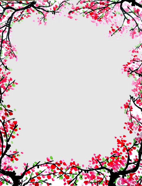 春天国画水墨桃花装饰边框国画手绘植物