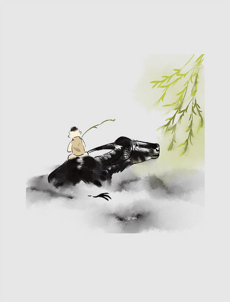 水墨牧牛中国风卡通元素清明节清明
